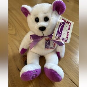 💙Relay For Life Bear In Mint Condition With Damaged Tag 2001  White Purple 7"
